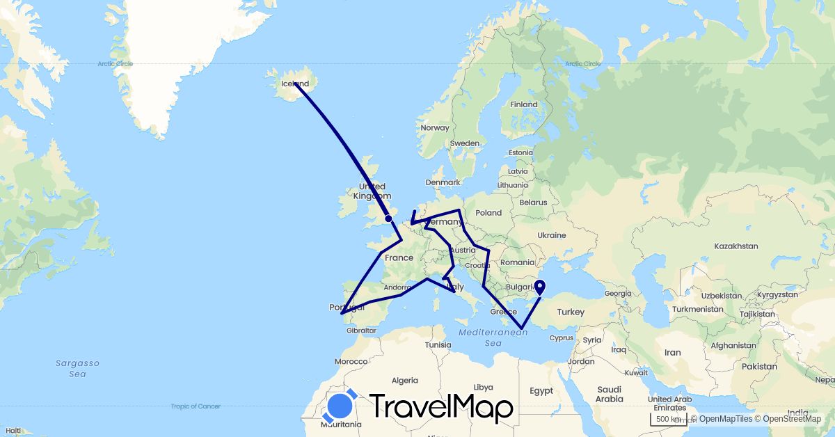 TravelMap itinerary: driving in Austria, Belgium, Czech Republic, Germany, Spain, France, United Kingdom, Greece, Croatia, Hungary, Iceland, Italy, Netherlands, Portugal, Turkey (Asia, Europe)
