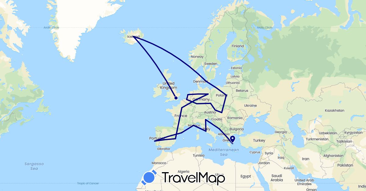 TravelMap itinerary: driving in Austria, Belgium, Czech Republic, Germany, Denmark, Spain, France, United Kingdom, Greece, Croatia, Hungary, Iceland, Italy, Netherlands, Poland, Portugal (Europe)