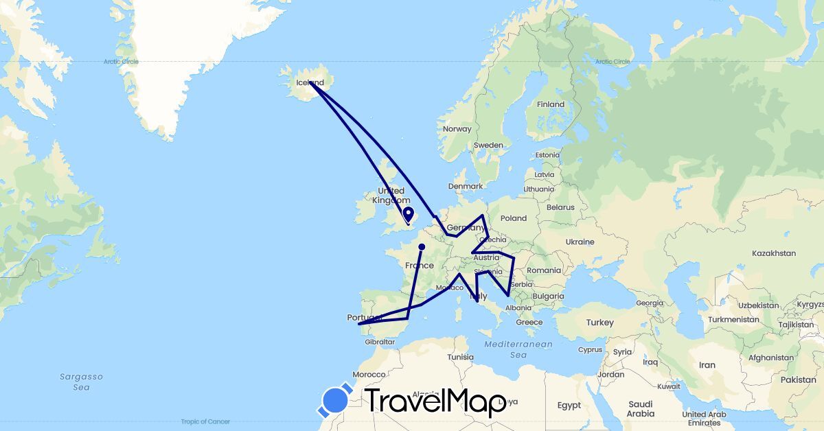 TravelMap itinerary: driving in Austria, Czech Republic, Germany, Spain, France, United Kingdom, Croatia, Hungary, Iceland, Italy, Netherlands, Portugal, Slovenia (Europe)
