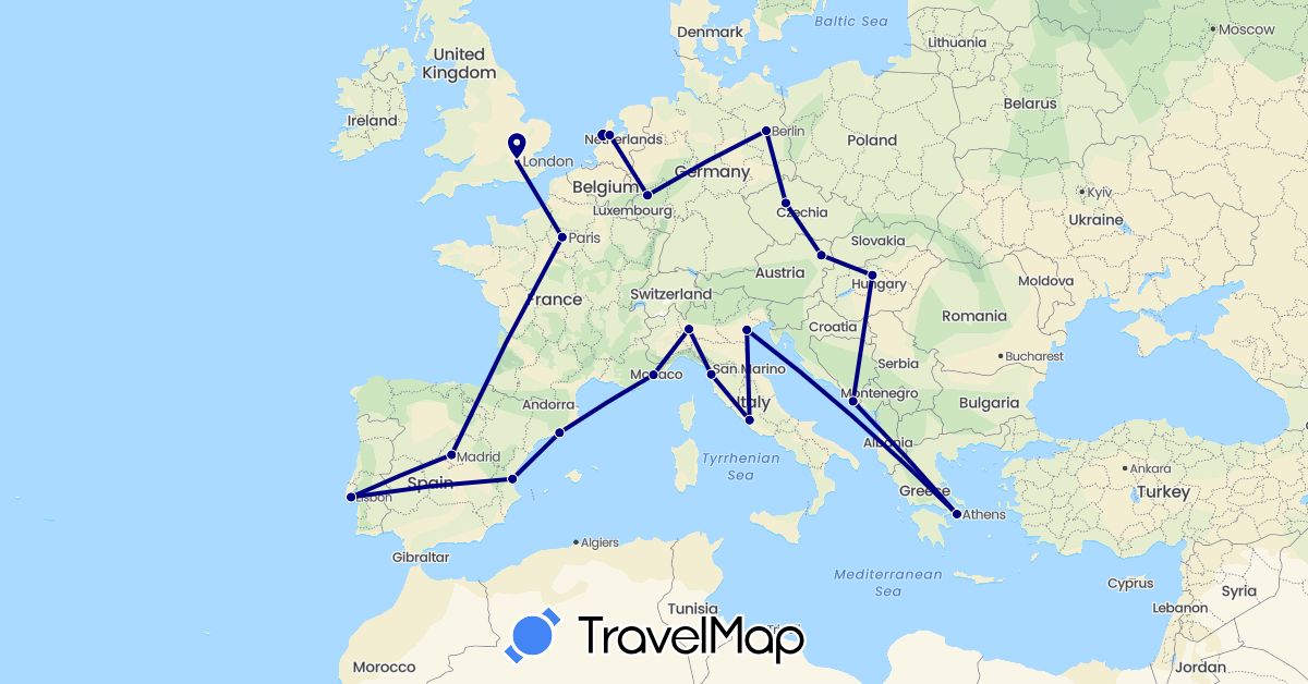 TravelMap itinerary: driving in Austria, Czech Republic, Germany, Spain, France, United Kingdom, Greece, Croatia, Hungary, Italy, Netherlands, Portugal (Europe)